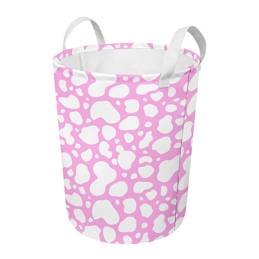 White And Pink Cow Print Round Laundry Basket