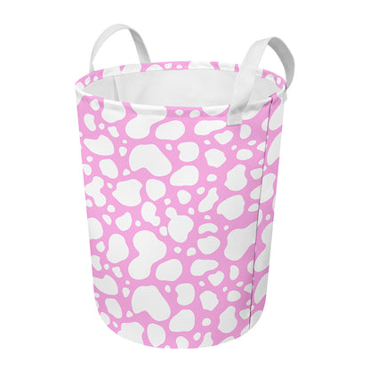 White And Pink Cow Print Round Laundry Basket