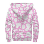White And Pink Cow Print Sherpa Lined Zip Up Hoodie