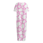 White And Pink Cow Print Short Sleeve Long Nightdress