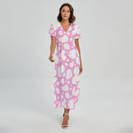 White And Pink Cow Print Short Sleeve Maxi Dress