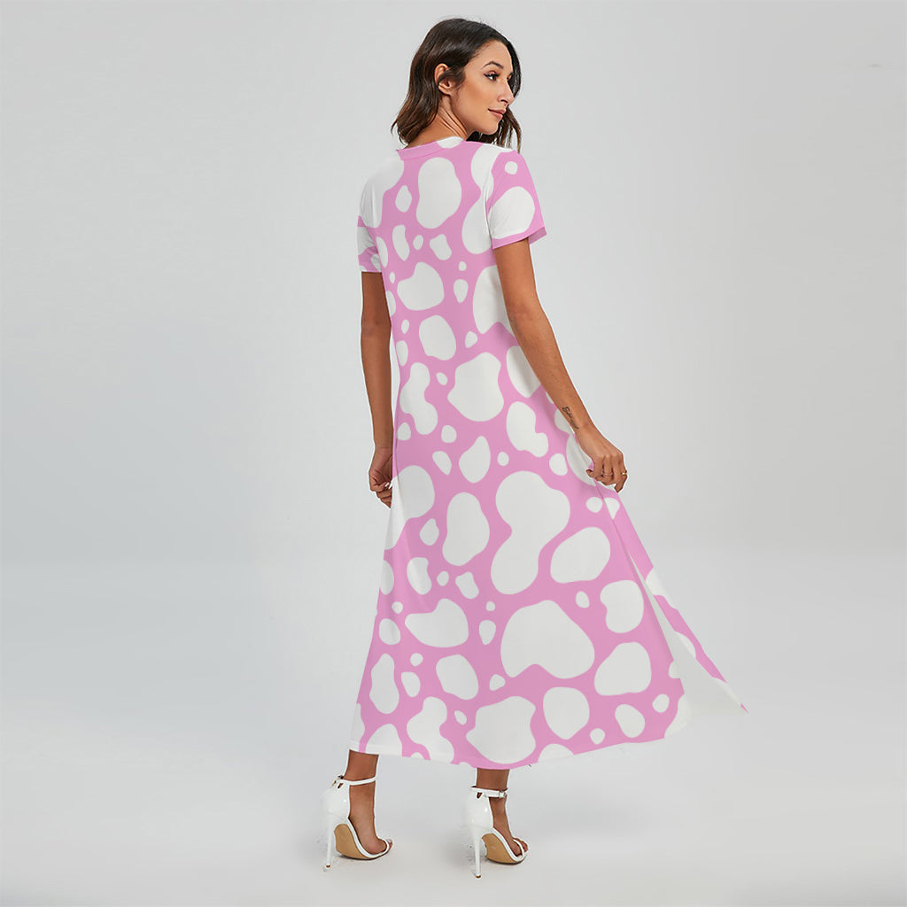 White And Pink Cow Print Short Sleeve Maxi Dress