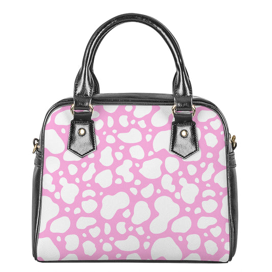 White And Pink Cow Print Shoulder Handbag