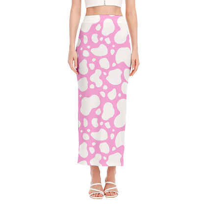 White And Pink Cow Print Side Slit Maxi Skirt