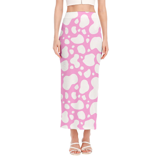 White And Pink Cow Print Side Slit Maxi Skirt
