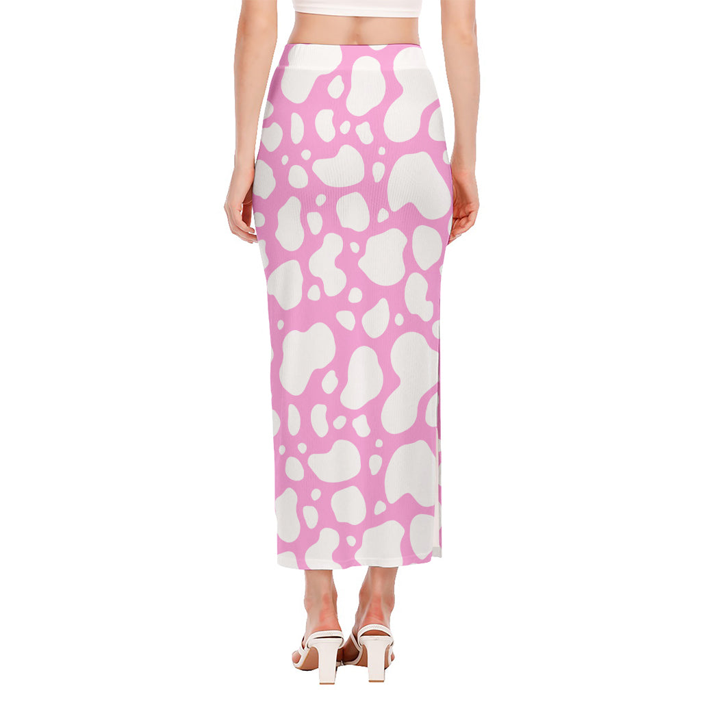White And Pink Cow Print Side Slit Maxi Skirt
