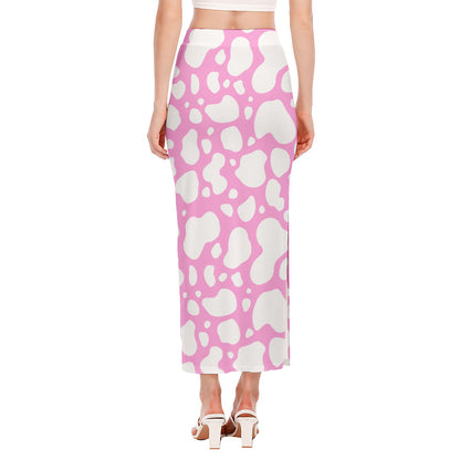 White And Pink Cow Print Side Slit Maxi Skirt