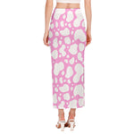 White And Pink Cow Print Side Slit Maxi Skirt