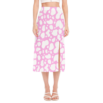 White And Pink Cow Print Side Slit Midi Skirt
