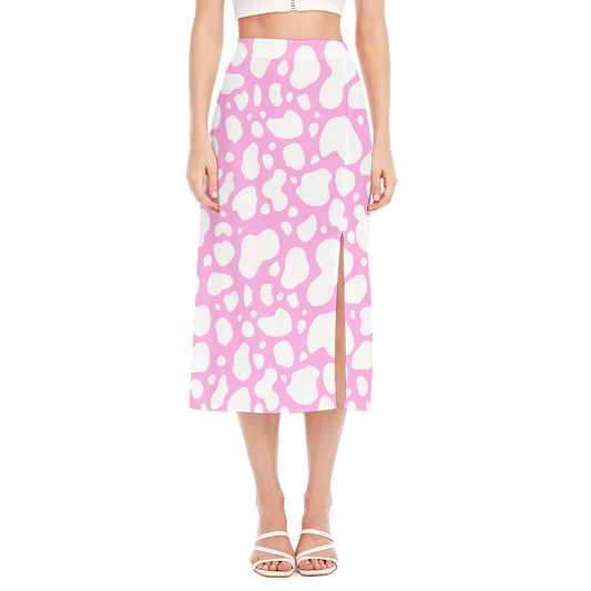 White And Pink Cow Print Side Slit Midi Skirt