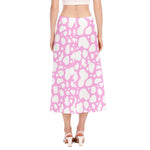 White And Pink Cow Print Side Slit Midi Skirt