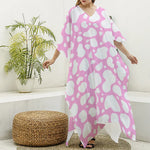 White And Pink Cow Print Silk V-Neck Kaftan Dress