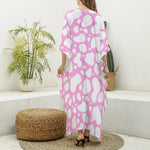 White And Pink Cow Print Silk V-Neck Kaftan Dress