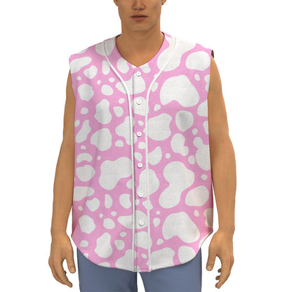 White And Pink Cow Print Sleeveless Baseball Jersey