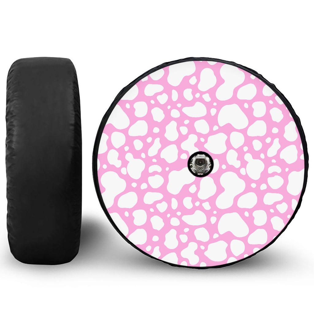 White And Pink Cow Print Tire Cover With Camera Hole