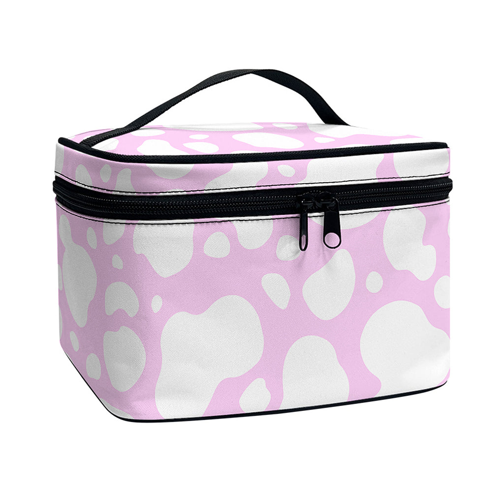 White And Pink Cow Print Travel Makeup Bag