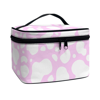 White And Pink Cow Print Travel Makeup Bag