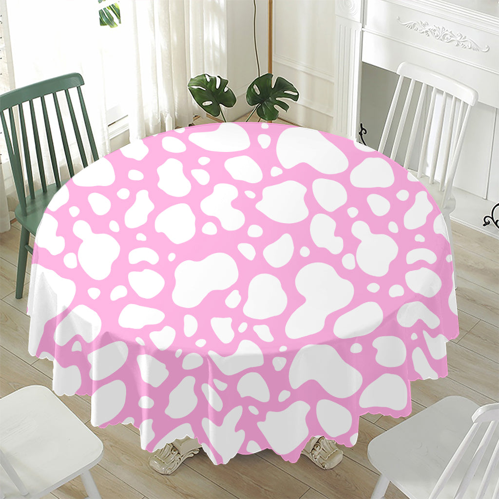 White And Pink Cow Print Waterproof Round Tablecloth