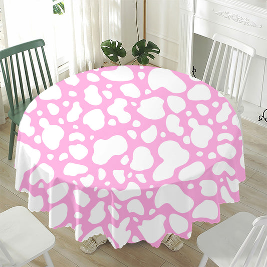 White And Pink Cow Print Waterproof Round Tablecloth