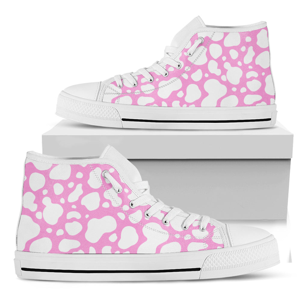 White And Pink Cow Print White High Top Sneakers