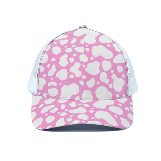White And Pink Cow Print White Mesh Trucker Cap