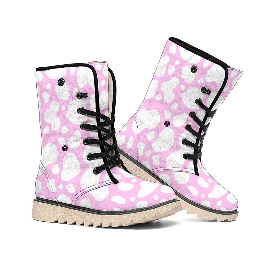 White And Pink Cow Print Winter Boots