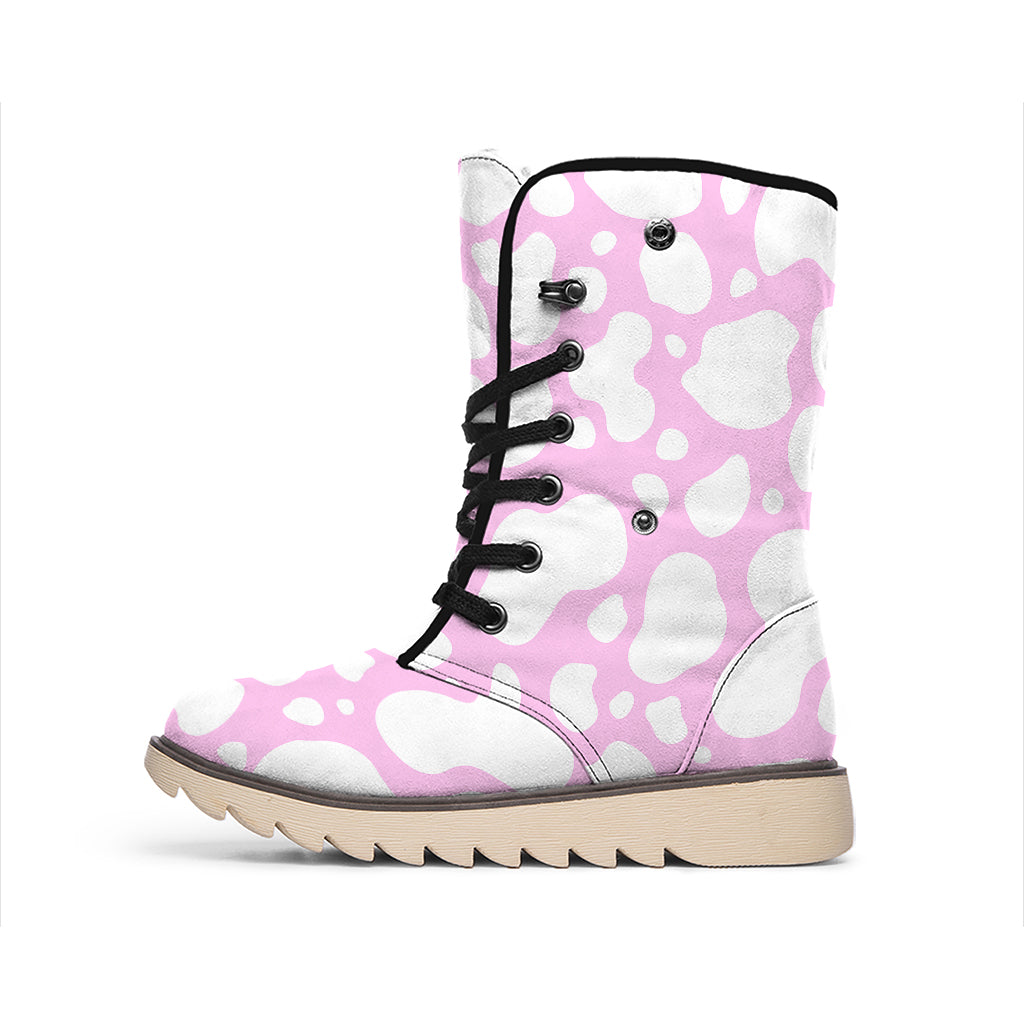 White And Pink Cow Print Winter Boots