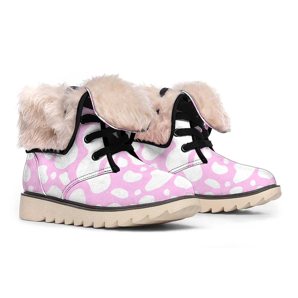 White And Pink Cow Print Winter Boots