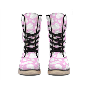 White And Pink Cow Print Winter Boots