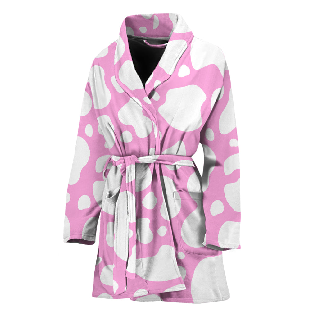 White And Pink Cow Print Women's Bathrobe