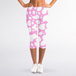White And Pink Cow Print Women's Capri Leggings
