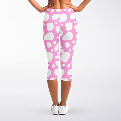 White And Pink Cow Print Women's Capri Leggings