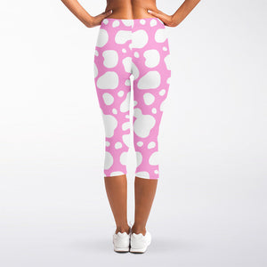White And Pink Cow Print Women's Capri Leggings