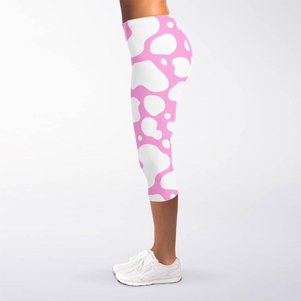 White And Pink Cow Print Women's Capri Leggings