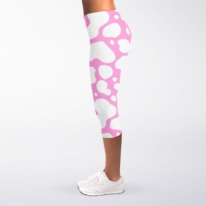 White And Pink Cow Print Women's Capri Leggings