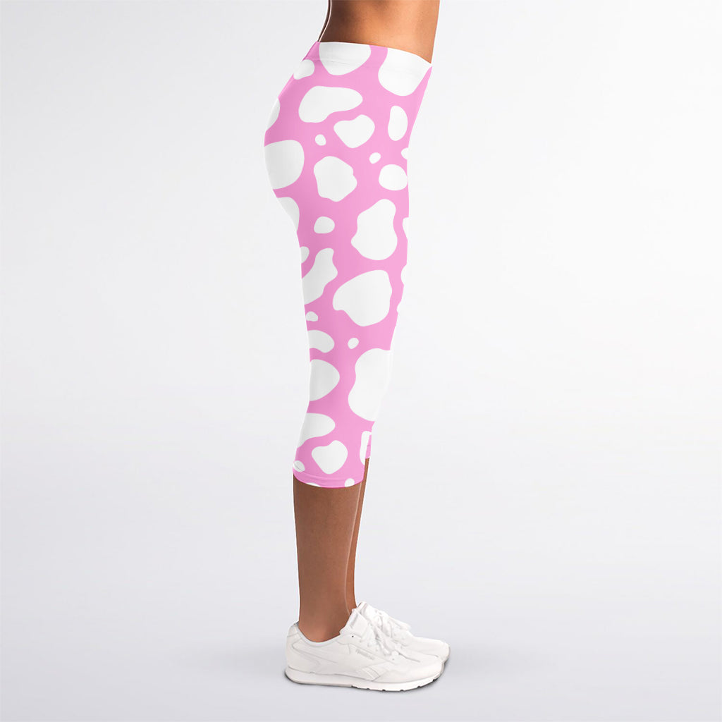 White And Pink Cow Print Women's Capri Leggings