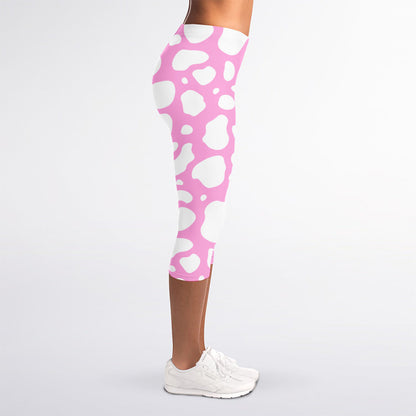 White And Pink Cow Print Women's Capri Leggings