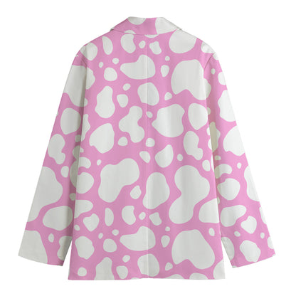 White And Pink Cow Print Women's Cotton Blazer