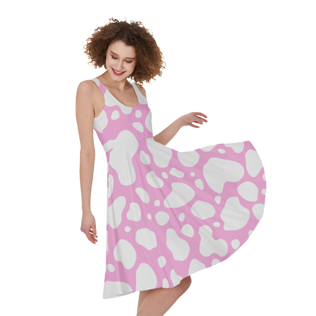 White And Pink Cow Print Women's Sleeveless Dress
