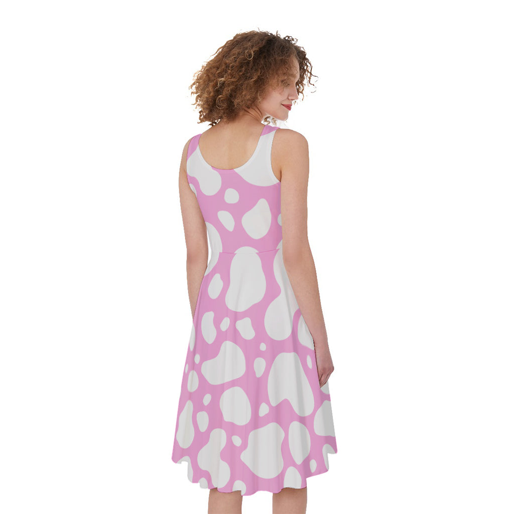 White And Pink Cow Print Women's Sleeveless Dress