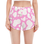 White And Pink Cow Print Women's Split Running Shorts