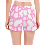 White And Pink Cow Print Women's Split Running Shorts