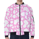 White And Pink Cow Print Zip Sleeve Bomber Jacket
