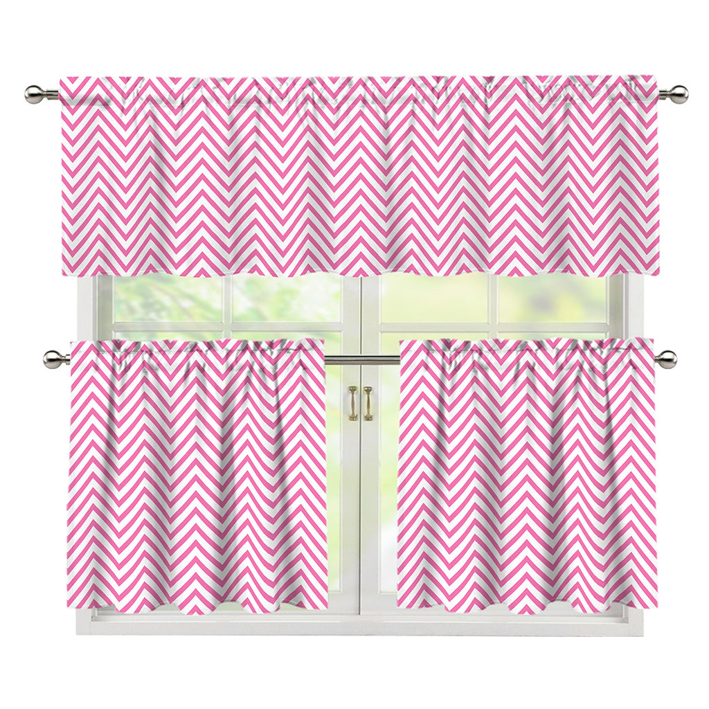 White And Pink Zigzag Pattern Print 3 Piece Kitchen Curtains
