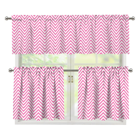 White And Pink Zigzag Pattern Print 3 Piece Kitchen Curtains