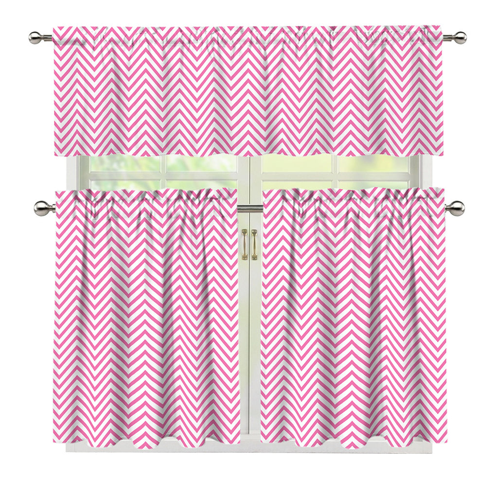 White And Pink Zigzag Pattern Print 3 Piece Kitchen Curtains