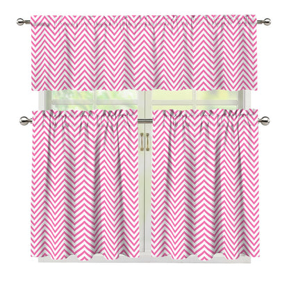 White And Pink Zigzag Pattern Print 3 Piece Kitchen Curtains