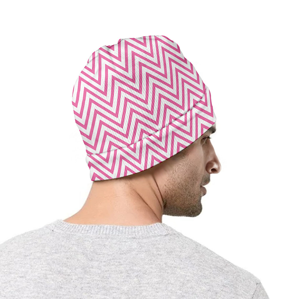 White And Pink Zigzag Pattern Print Beanie