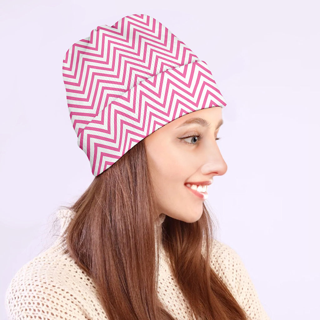 White And Pink Zigzag Pattern Print Beanie