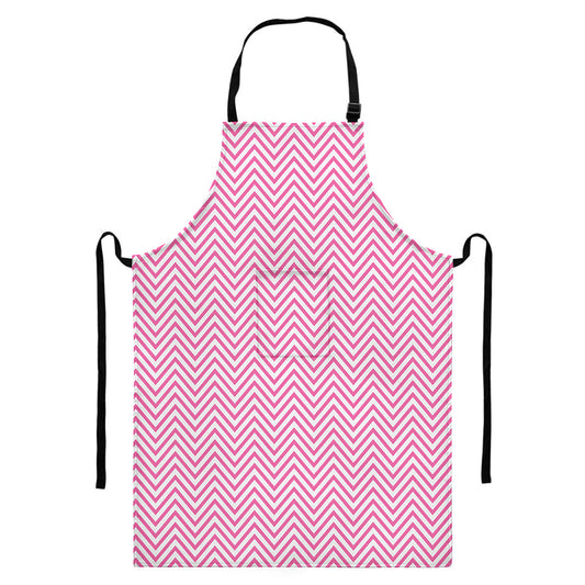 White And Pink Zigzag Pattern Print Bib Apron With Pocket
